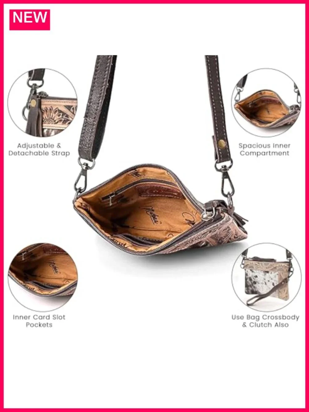 Genuine Cowhide Leather Crossbody Bag with Adjustable Detachable Strap